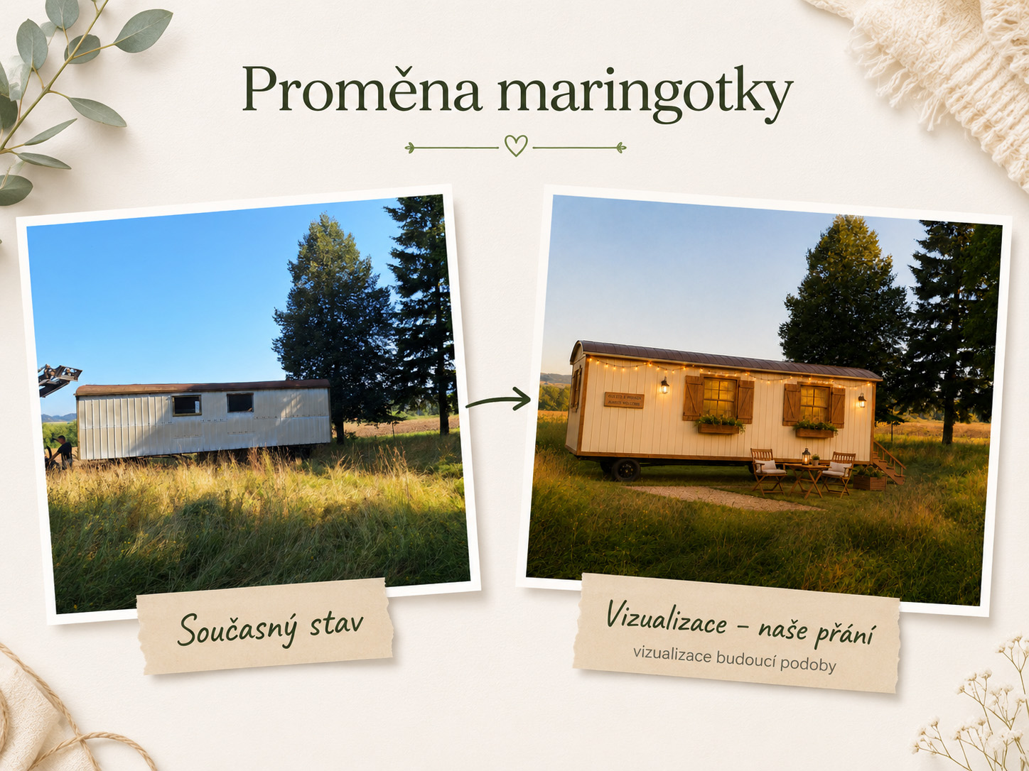 Proměna maringotky z původního stavu na nový stav. Maringotka ve spolku CatPark Zimoř nedaleko Úštěka